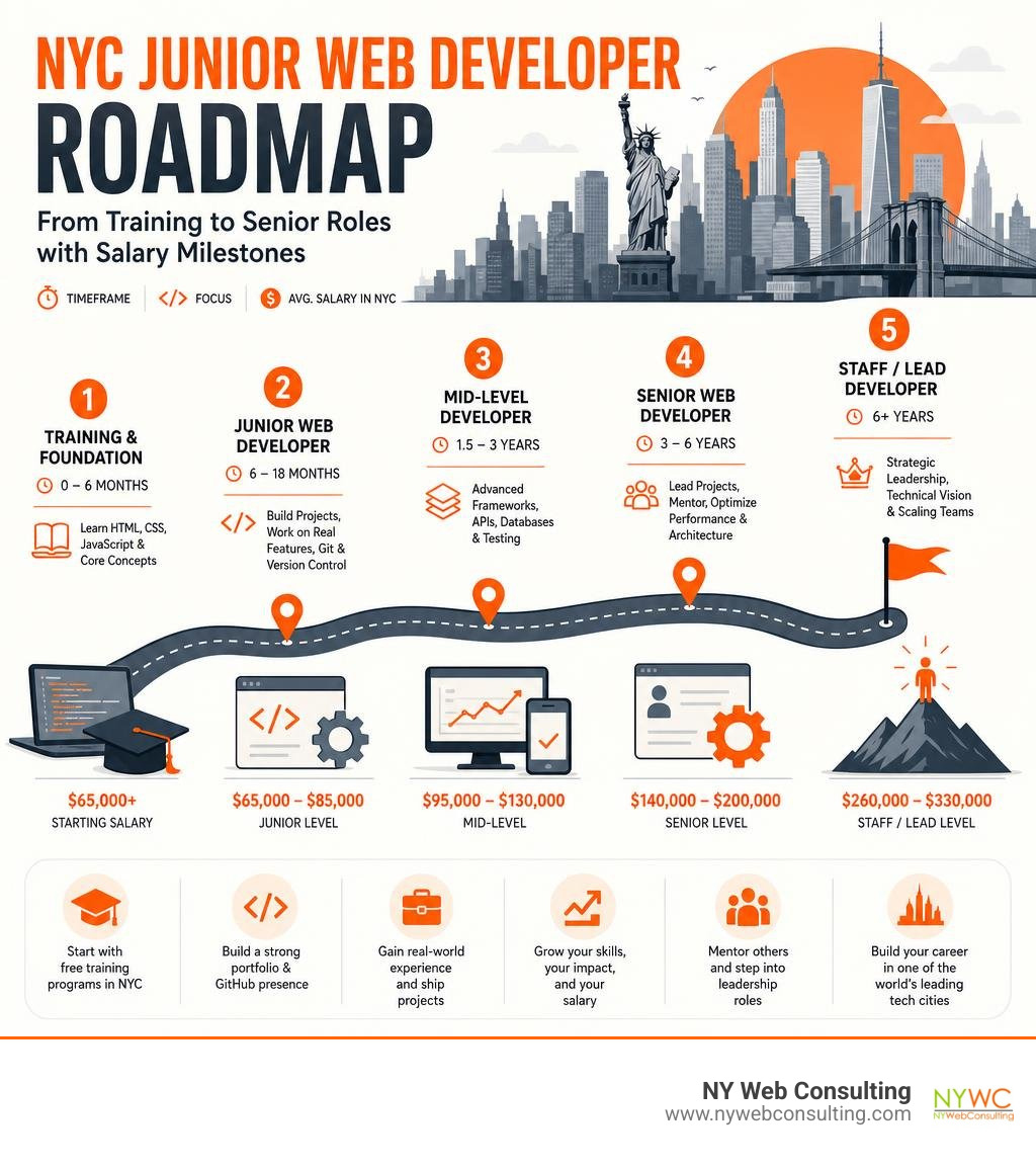 NYC junior web developer roadmap from training to senior roles with salary milestones infographic NYC junior web developer roadmap from training to senior roles with salary milestones infographic