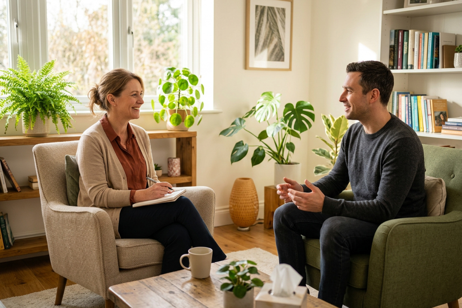 a warm and inviting therapy session with a supportive therapist and client