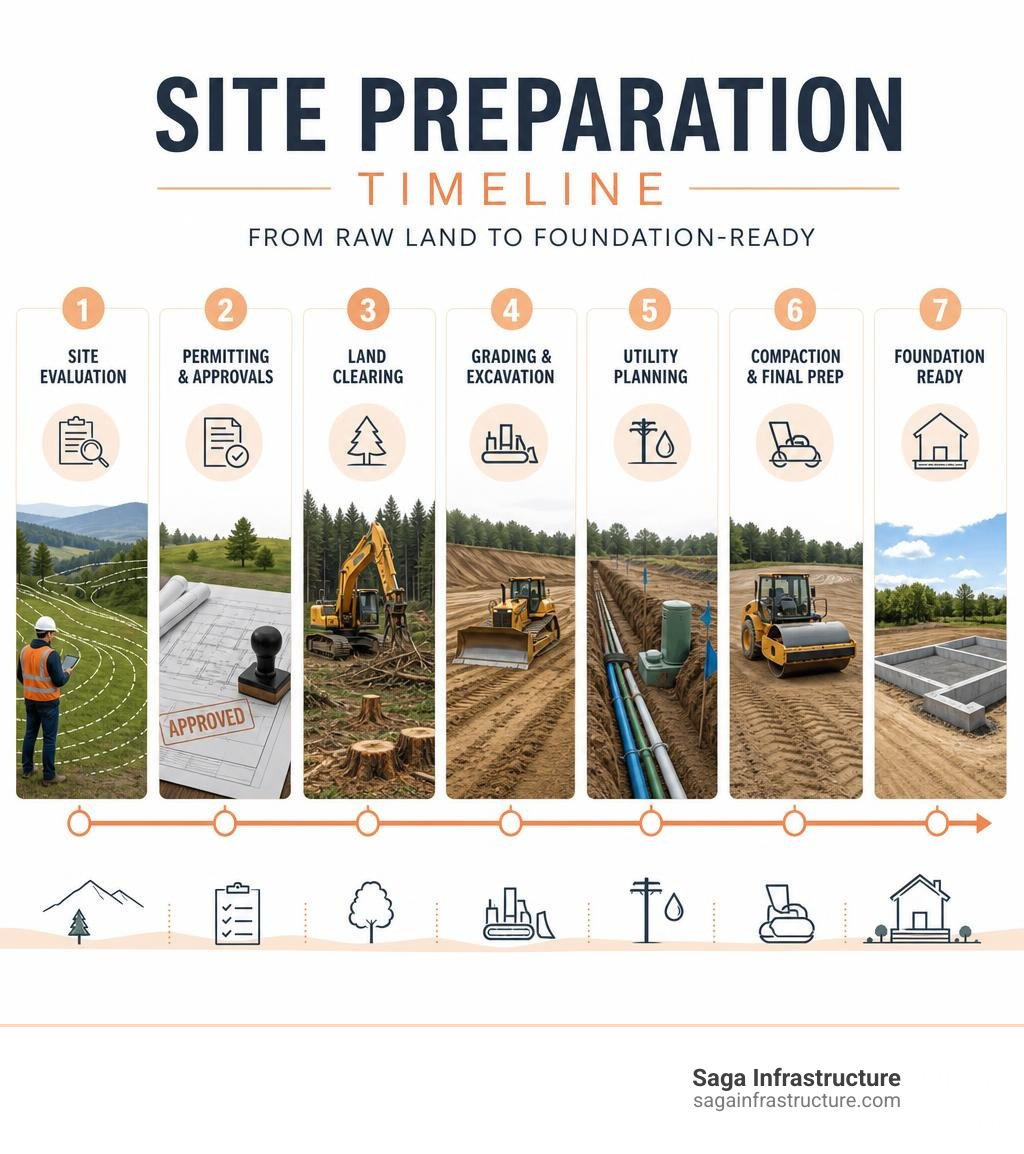 Site preparation timeline infographic: evaluation, permitting, clearing, grading, utilities, compaction, foundation-ready