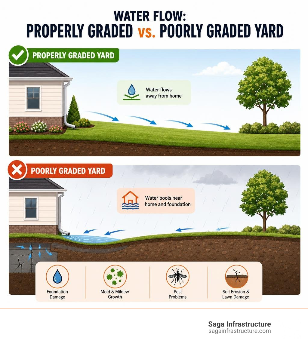 Infographic showing water flow on properly graded vs. poorly graded residential yard infographic Infographic showing water flow on properly graded vs. poorly graded residential yard infographic