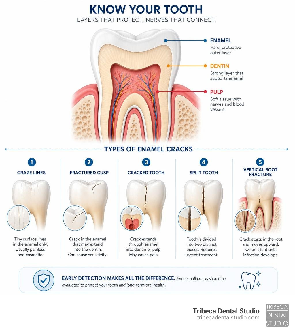 layers of a tooth showing enamel, dentin, pulp, and types of enamel cracks from craze lines to vertical root fractures