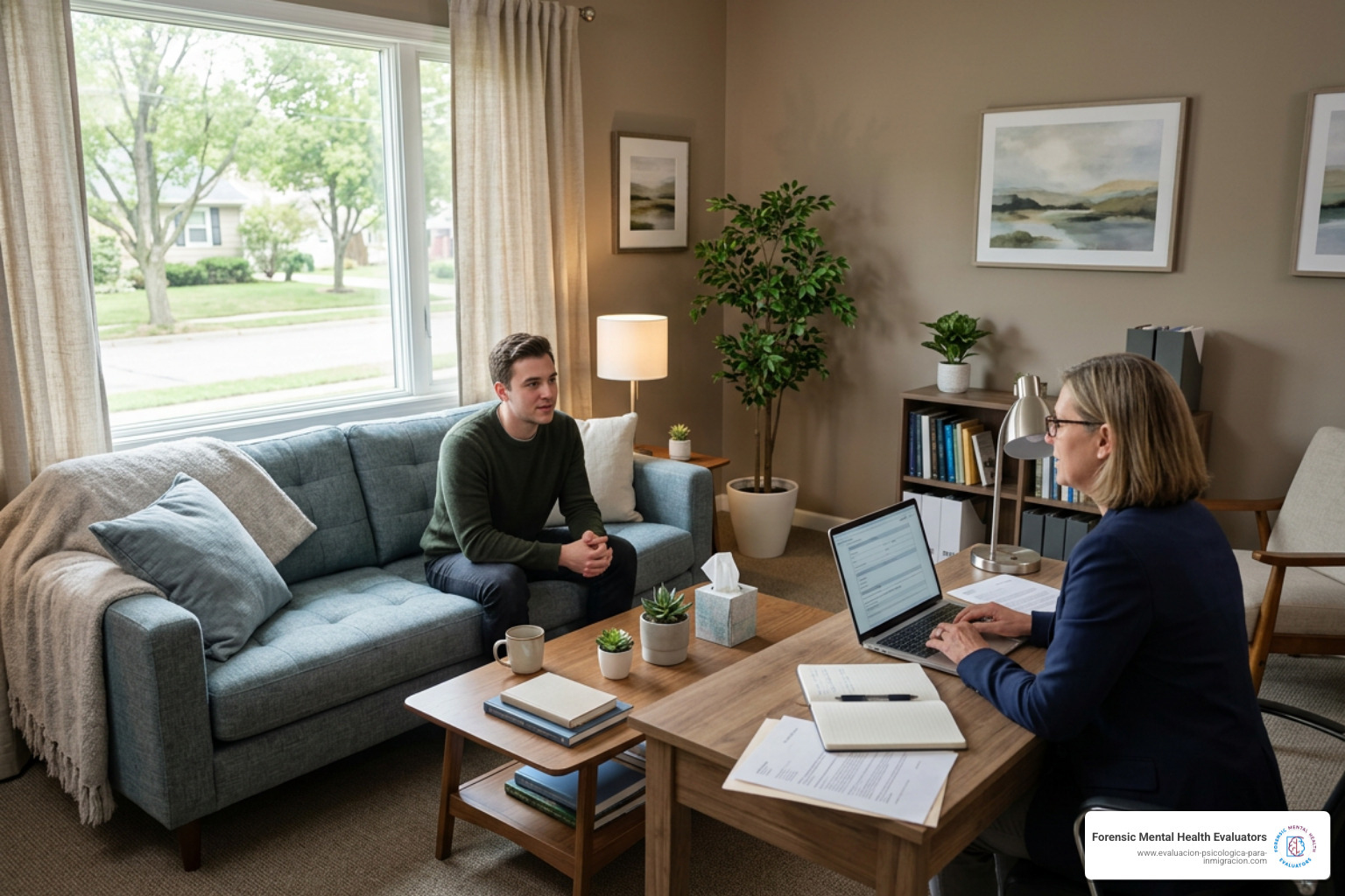 A professional mental health office setting designed for comfortable, confidential immigration consultations A professional mental health office setting designed for comfortable, confidential immigration consultations