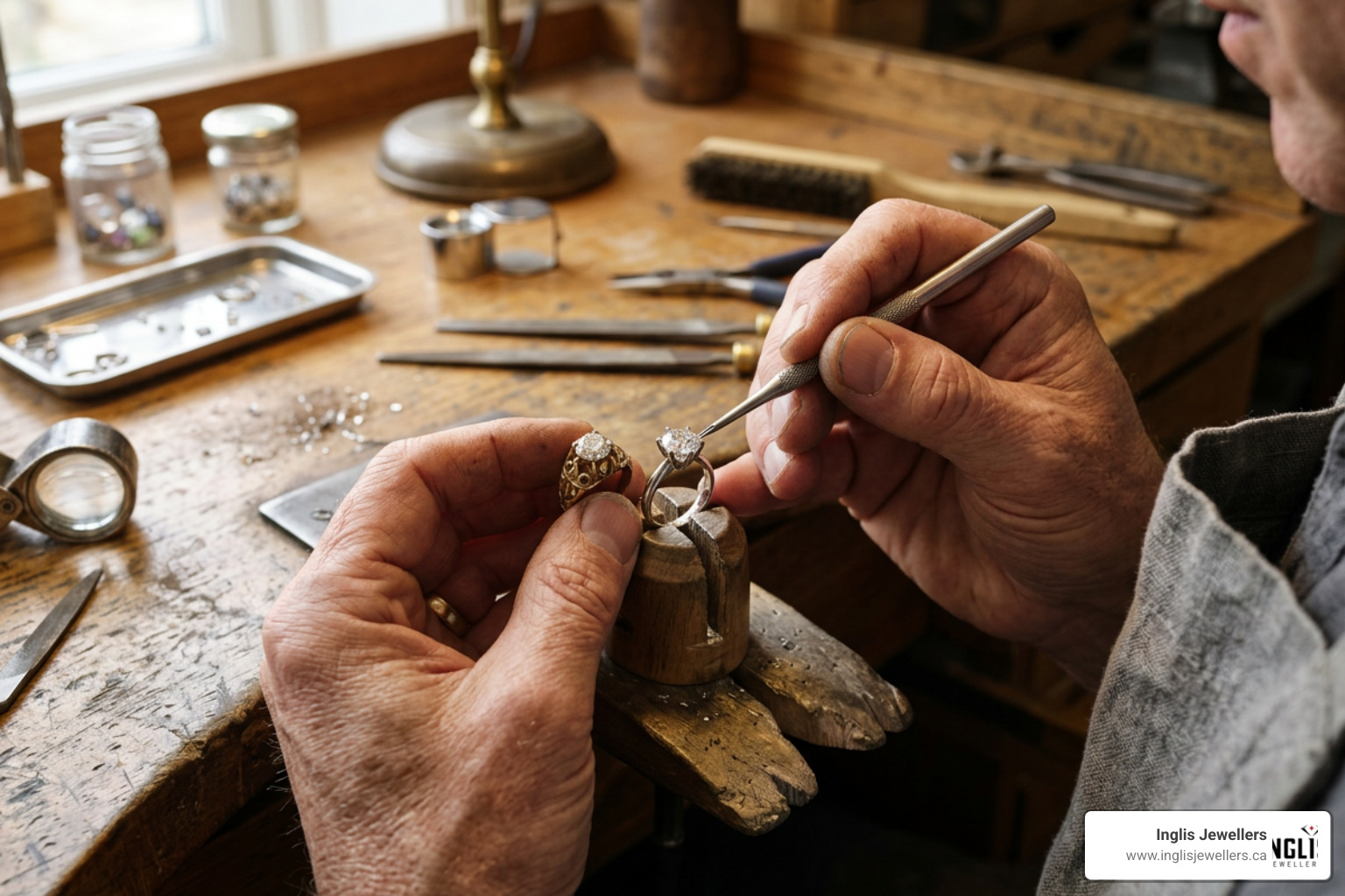 Goldsmith resetting heirloom gemstones into a modern custom ring setting