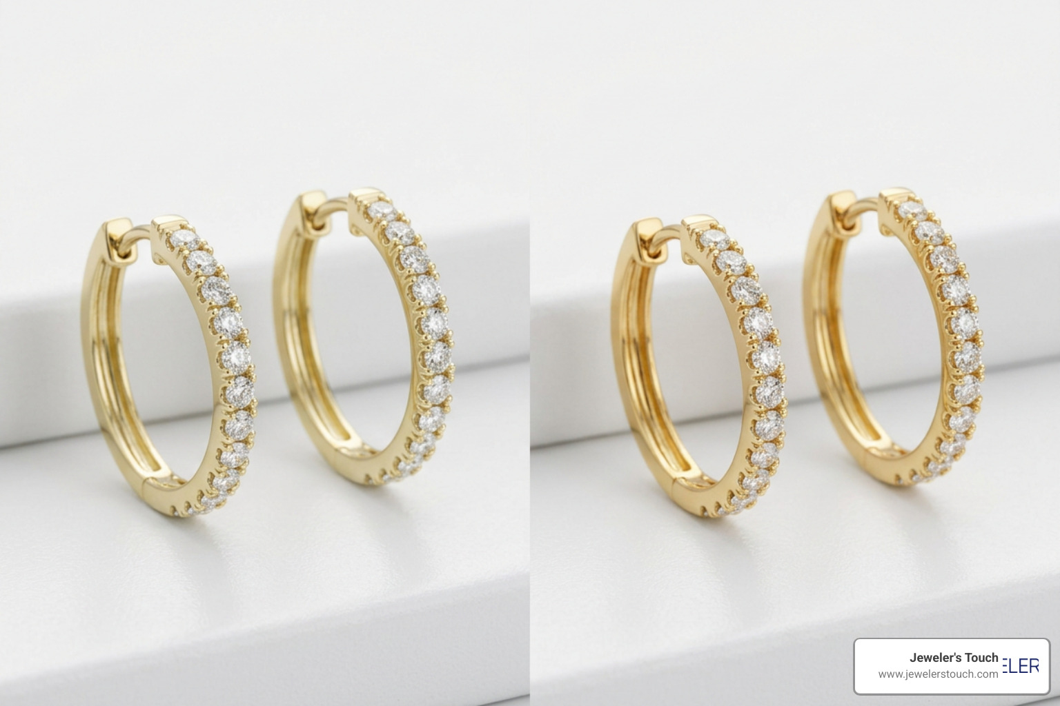 Comparing 14K vs 18K gold diamond hoop earrings side by side Comparing 14K vs 18K gold diamond hoop earrings side by side