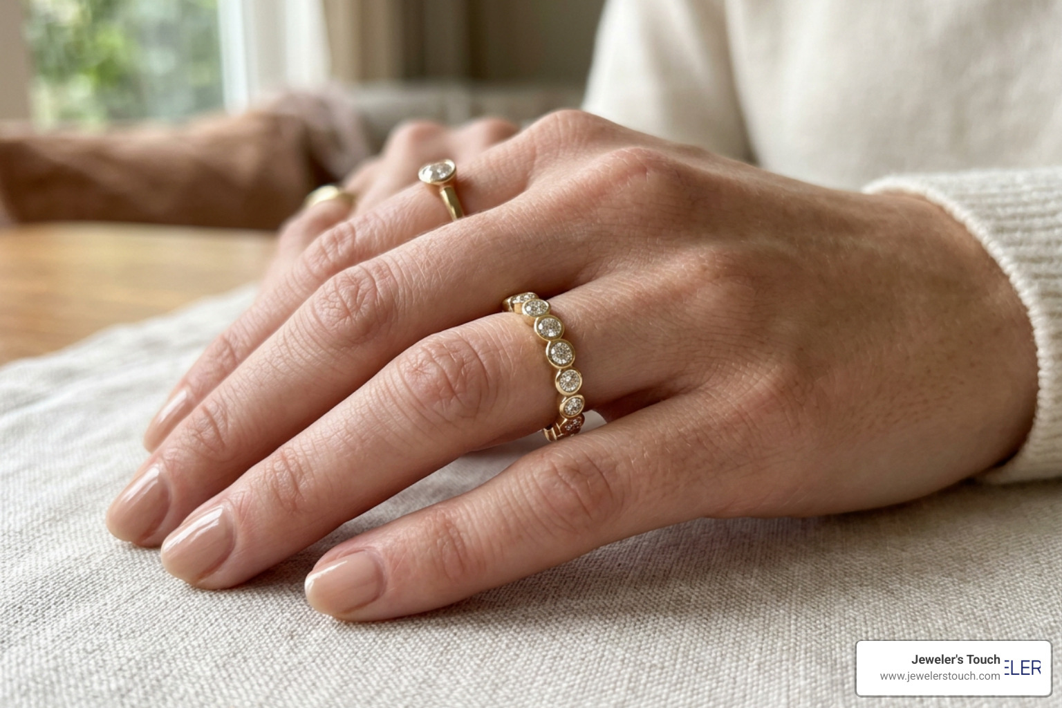 A durable gold bezel set eternity band sitting securely on a finger A durable gold bezel set eternity band sitting securely on a finger