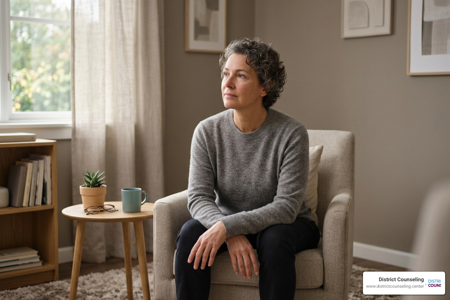 A person sitting in a quiet space, reflecting on their options and next steps A person sitting in a quiet space, reflecting on their options and next steps