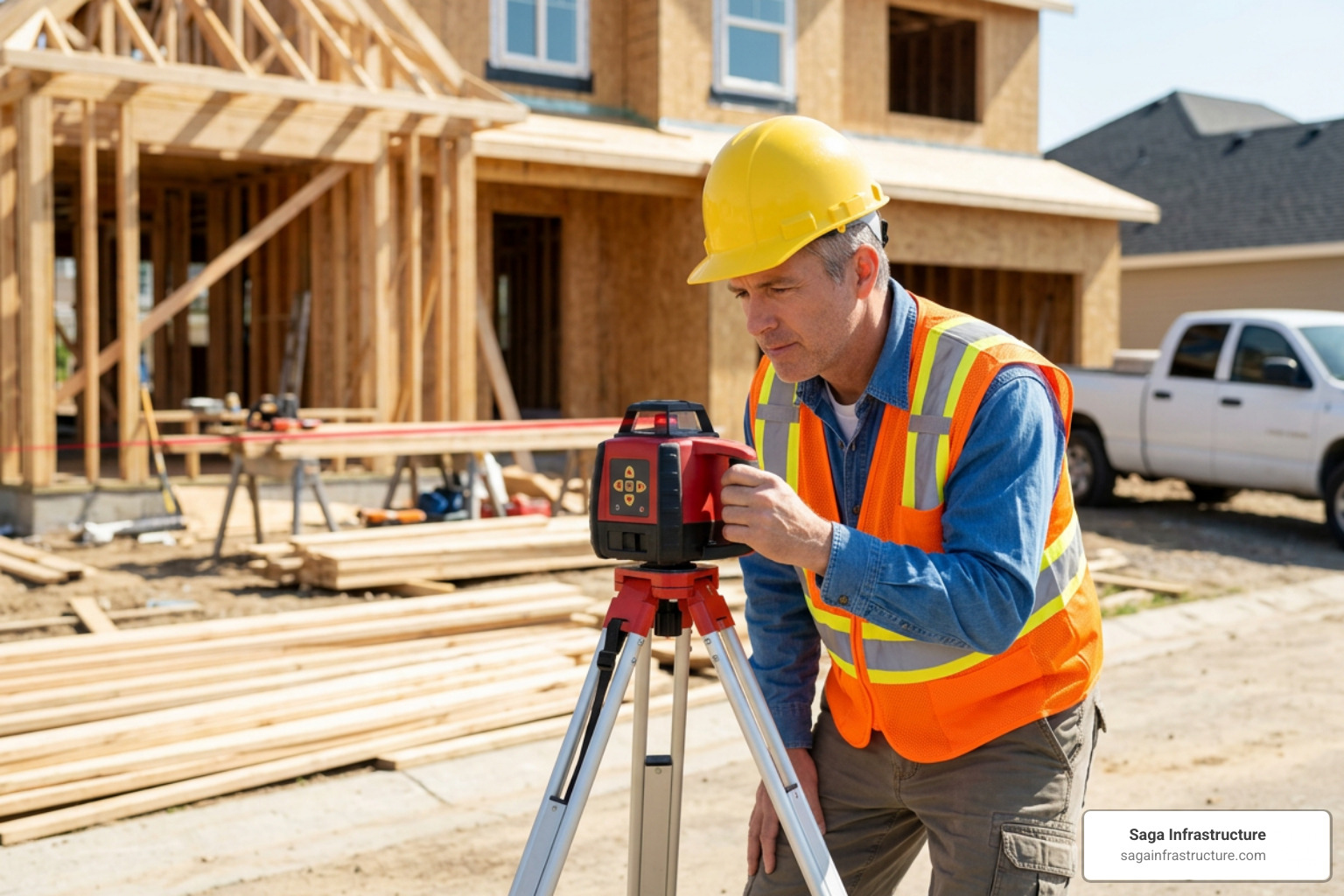 A professional using a laser level on a construction site A professional using a laser level on a construction site