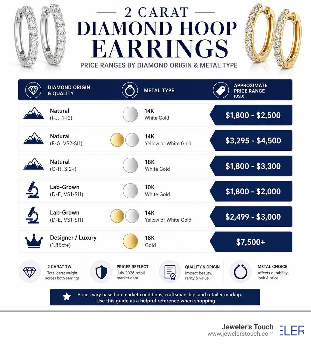 Infographic showing 2 carat diamond hoop earrings price ranges by diamond origin and metal type infographic Infographic showing 2 carat diamond hoop earrings price ranges by diamond origin and metal type infographic