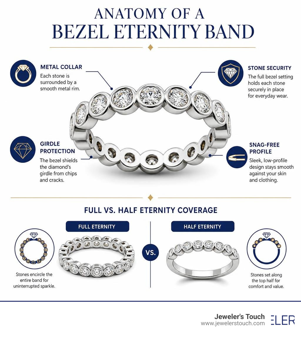 Anatomy of a bezel eternity band infographic: metal collar, girdle protection, stone security, snag-free profile, full vs. Anatomy of a bezel eternity band infographic: metal collar, girdle protection, stone security, snag-free profile, full vs.