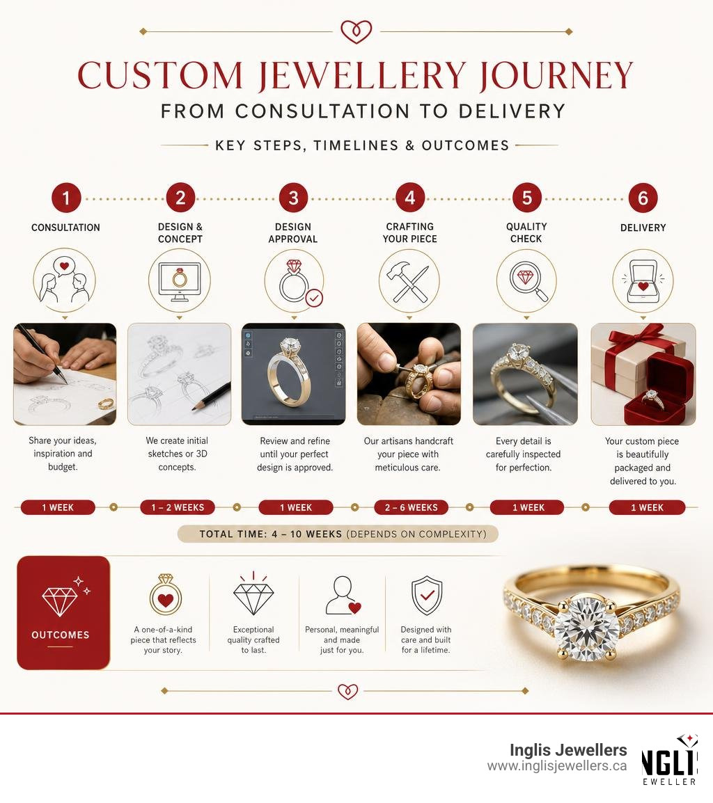 Custom jewellery journey from consultation to delivery — key steps, timelines, and outcomes infographic