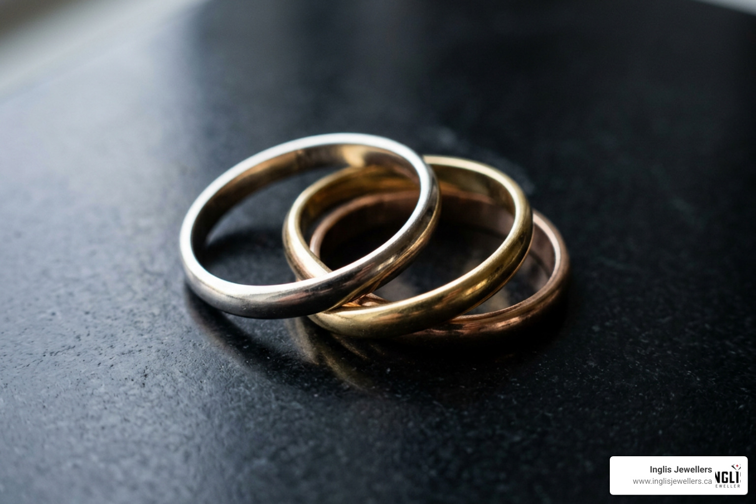 Interlocking bands of white yellow and rose gold Interlocking bands of white yellow and rose gold