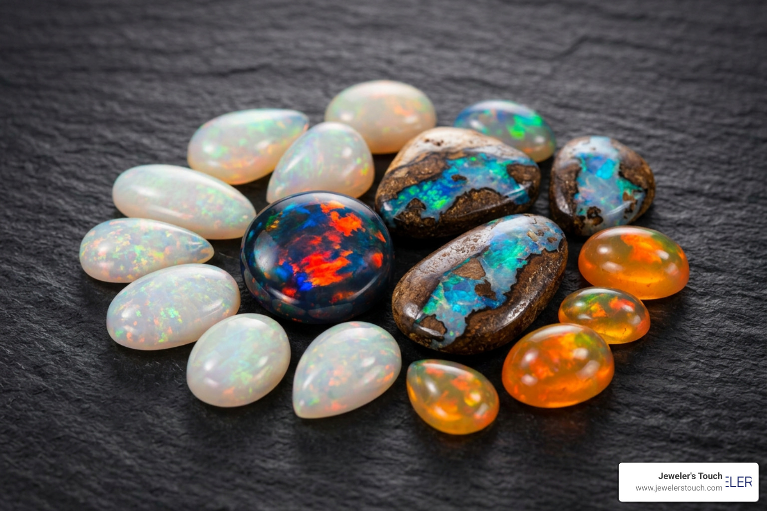 A selection of precious opal varieties showing a wide range of colors and patterns A selection of precious opal varieties showing a wide range of colors and patterns