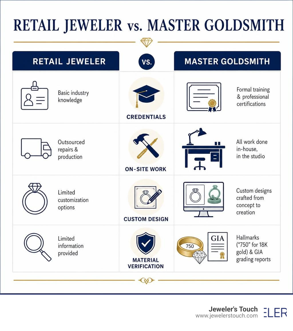 Infographic comparing a retail jeweler vs. a master goldsmith: credentials, on-site work, custom design, and material Infographic comparing a retail jeweler vs. a master goldsmith: credentials, on-site work, custom design, and material