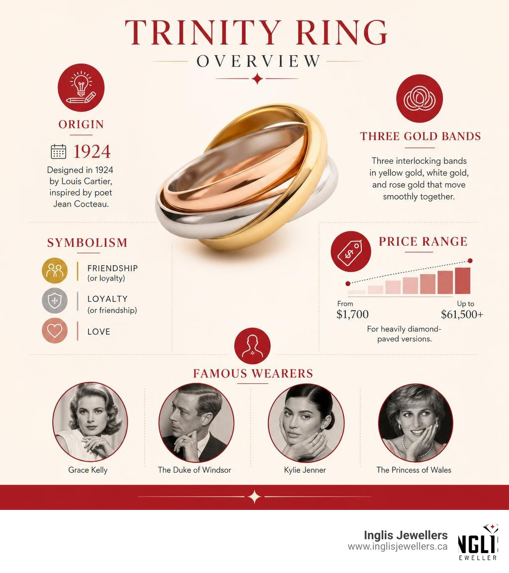 Trinity ring overview: origin 1924, three gold bands, symbolism of love loyalty and friendship, price range and famous Trinity ring overview: origin 1924, three gold bands, symbolism of love loyalty and friendship, price range and famous
