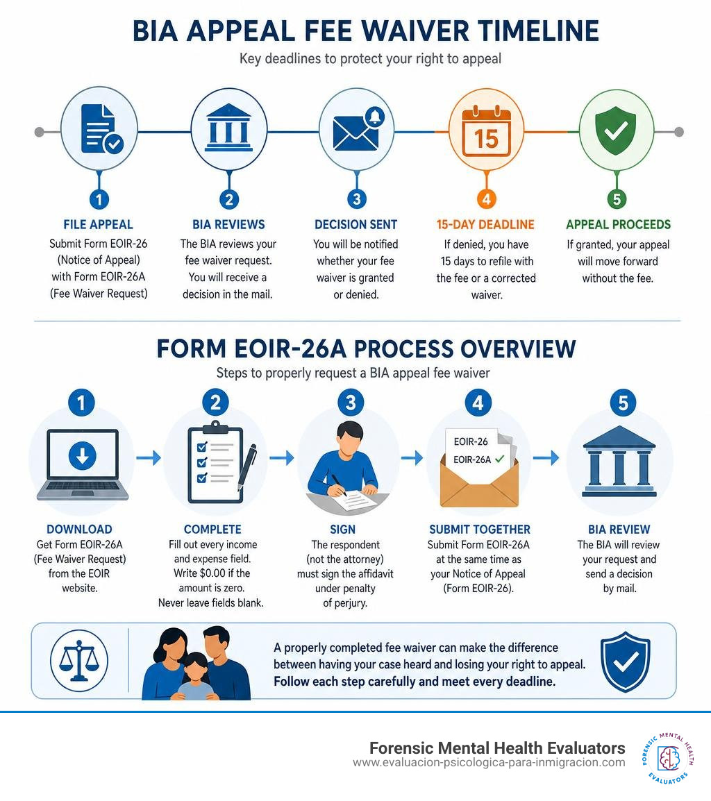 BIA appeal fee waiver timeline and Form EOIR-26A process overview infographic BIA appeal fee waiver timeline and Form EOIR-26A process overview infographic