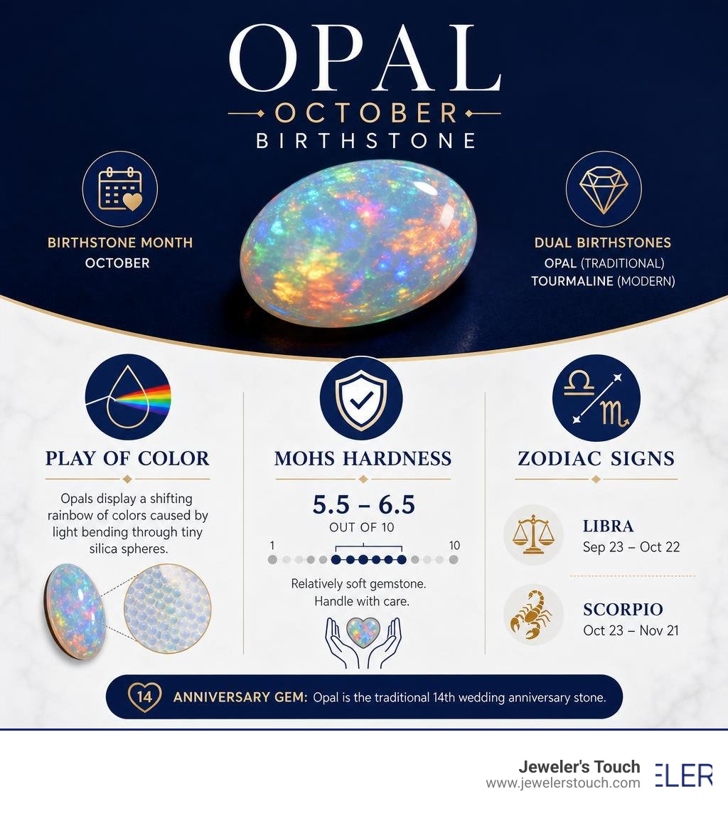 Infographic showing opal as October birthstone, with key facts on play of color, Mohs hardness, and zodiac signs infographic Infographic showing opal as October birthstone, with key facts on play of color, Mohs hardness, and zodiac signs infographic