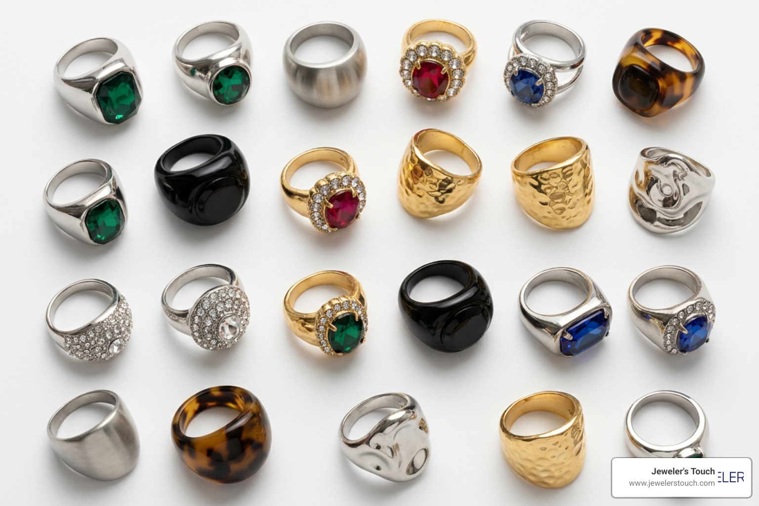 Various metals, finishes, and stone settings used in fashion rings Various metals, finishes, and stone settings used in fashion rings