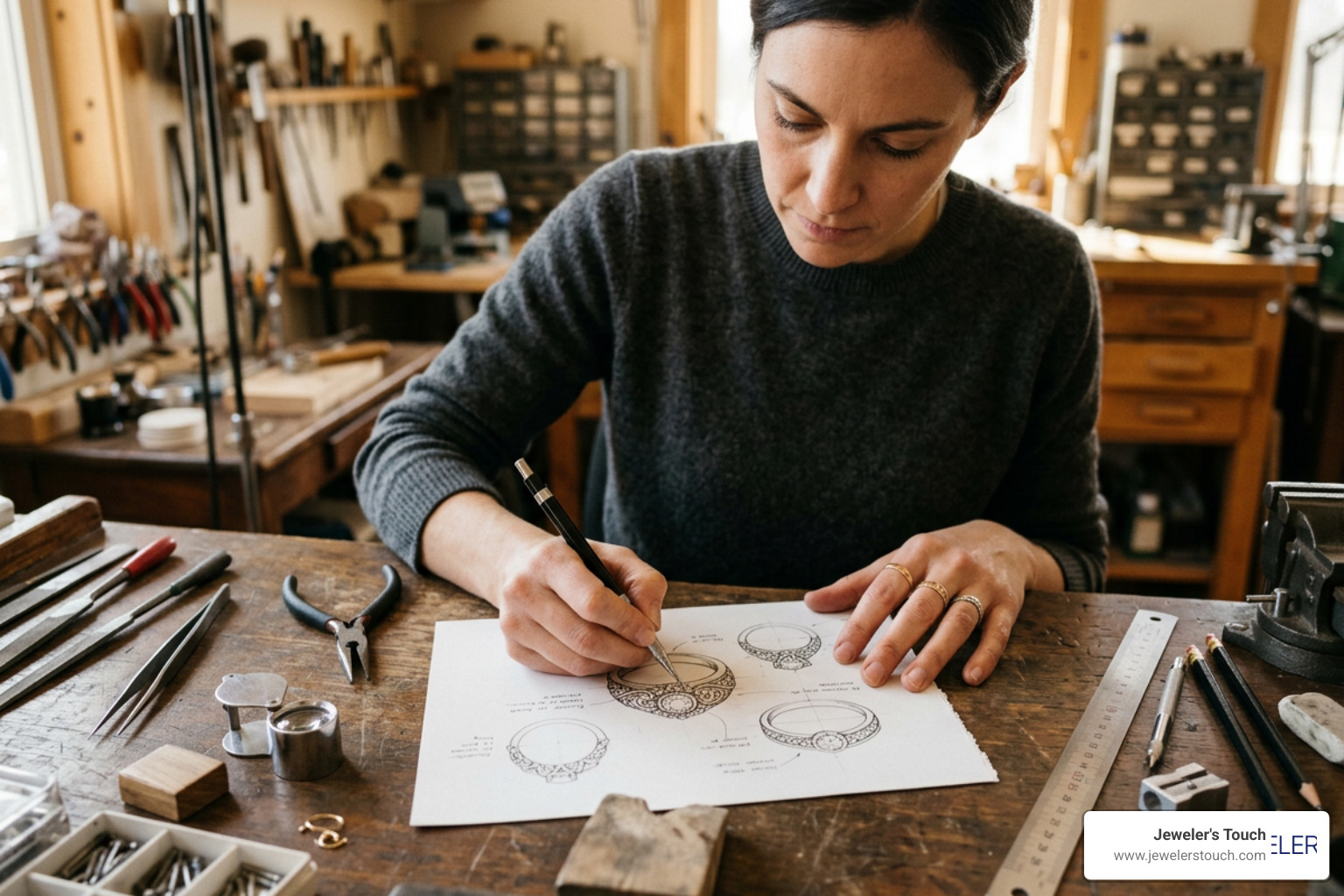 A skilled jewelry designer sketching a custom gold ring design A skilled jewelry designer sketching a custom gold ring design
