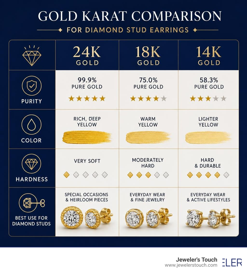 Infographic comparing gold karats 24k 18k 14k purity color hardness and best use for diamond studs infographic