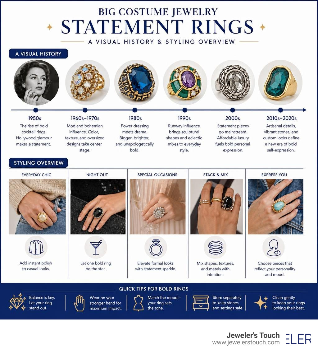Visual history and styling overview of big costume jewelry statement rings infographic Visual history and styling overview of big costume jewelry statement rings infographic