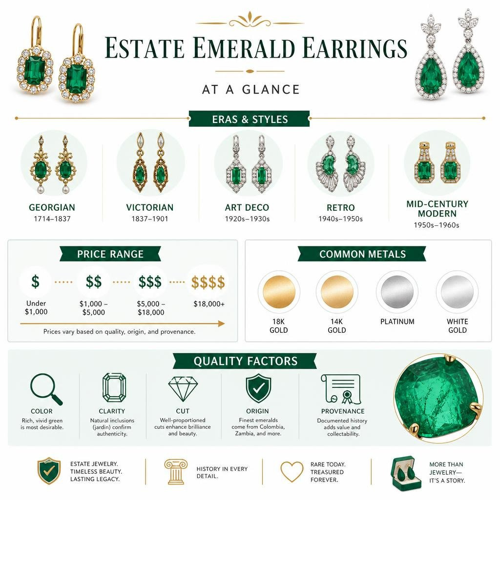 Estate emerald earrings overview: eras, price ranges, metals, and quality factors infographic infographic