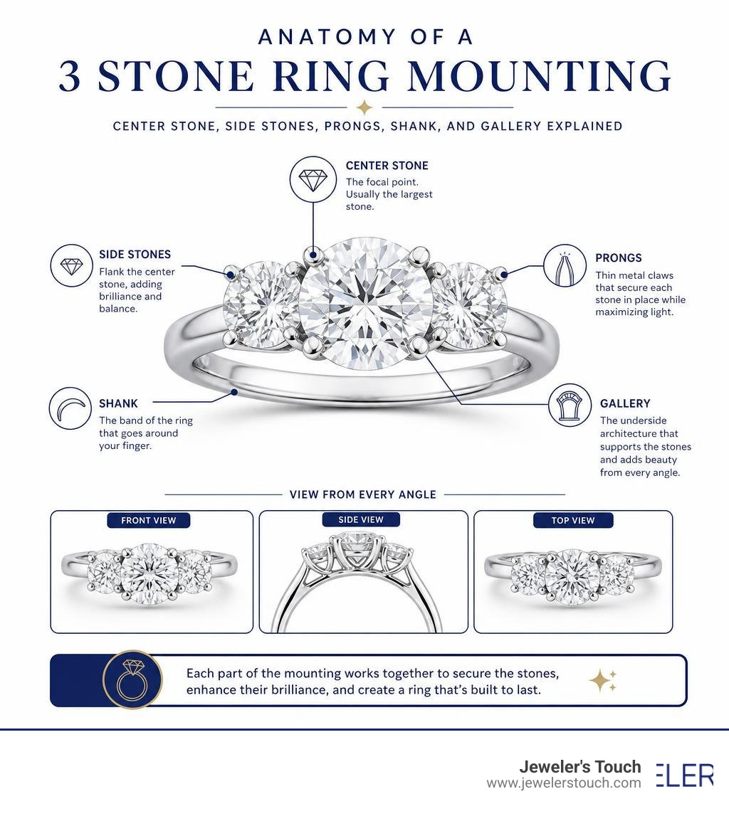 Anatomy of a 3 stone ring mounting: center stone, side stones, prongs, shank, and gallery explained infographic