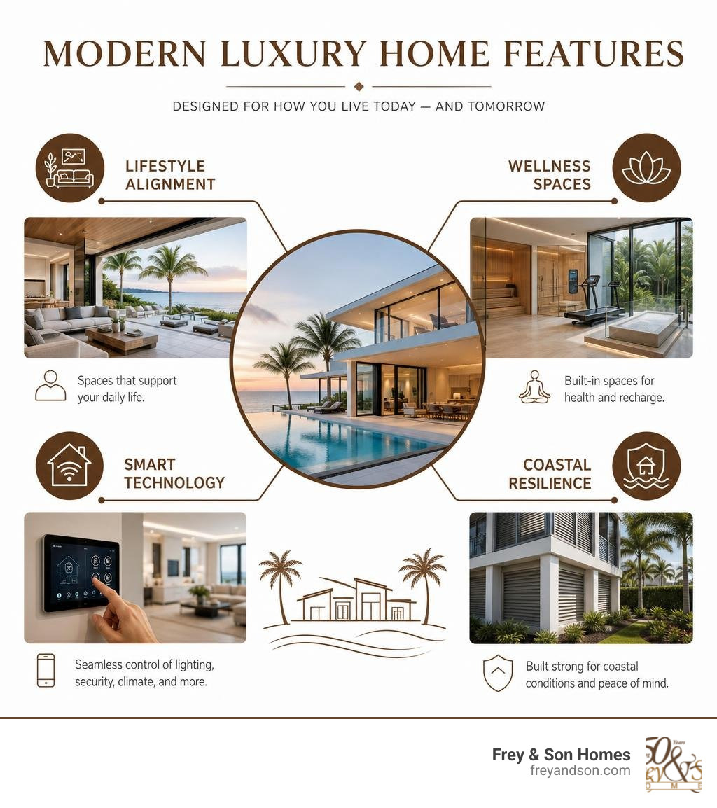 Modern luxury home features infographic: lifestyle alignment, wellness spaces, smart tech, coastal resilience infographic