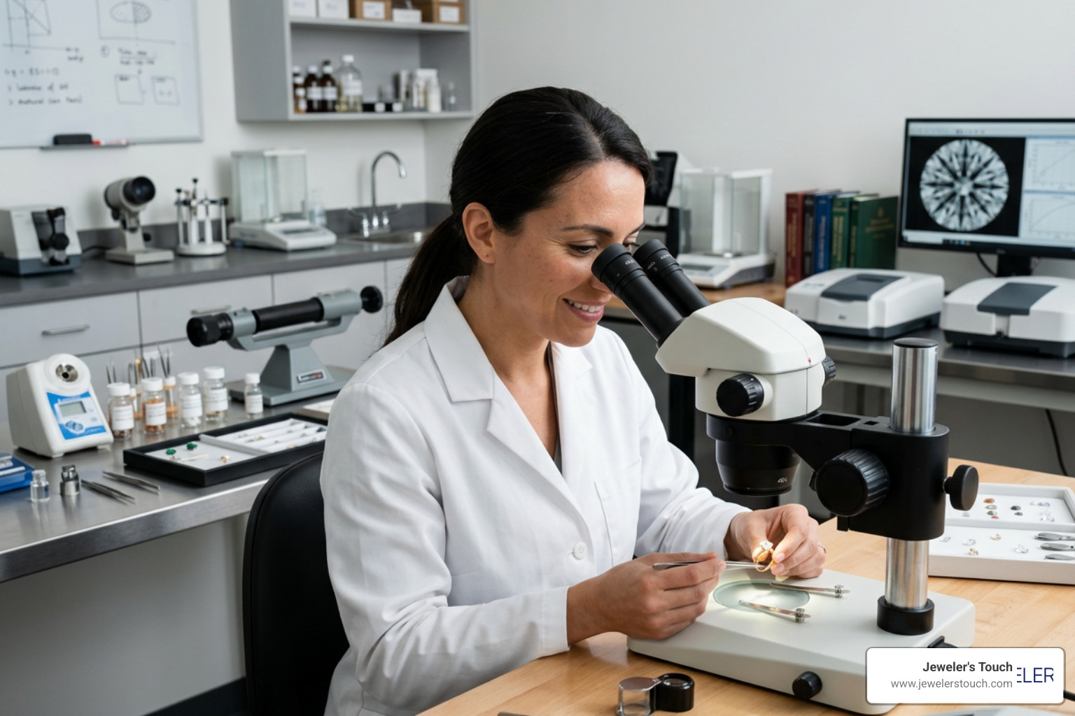 Independent gemologist examining a diamond ring under a microscope in a laboratory setting