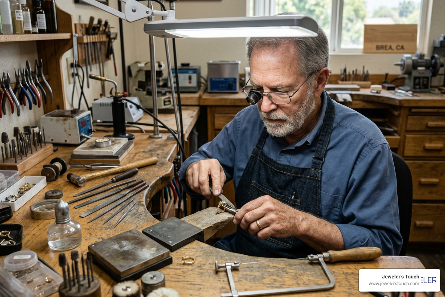 A master jeweler carefully handcrafting a custom three stone ring mounting in our Brea workshop