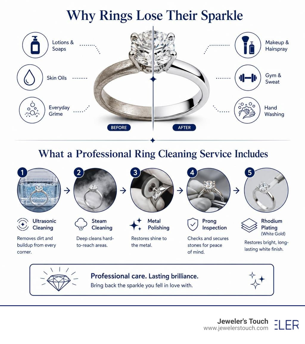 Infographic: Why rings lose their sparkle and what a professional ring cleaning service includes infographic Infographic: Why rings lose their sparkle and what a professional ring cleaning service includes infographic