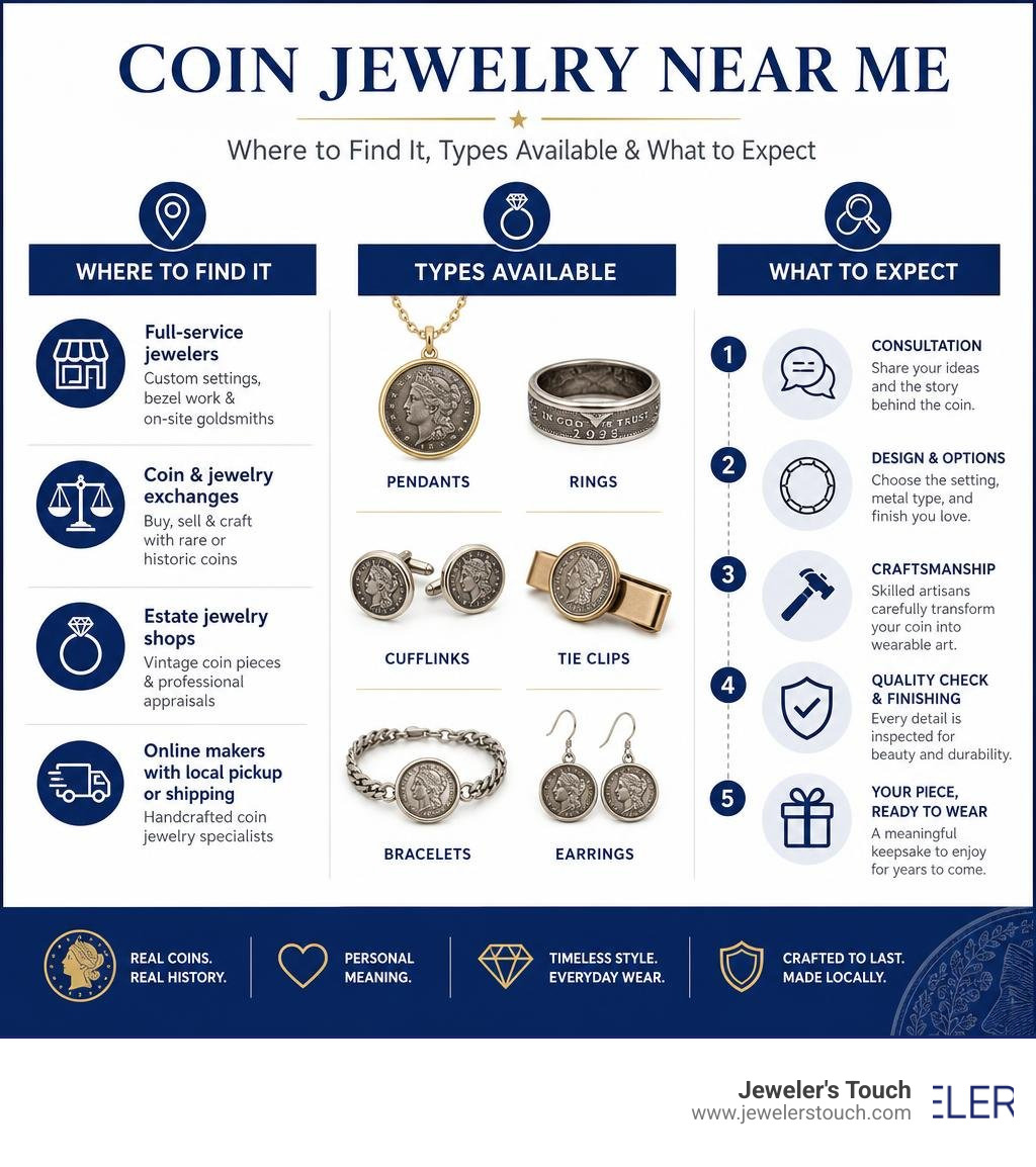 Infographic showing where to find coin jewelry near me, types available, and what to expect from a local jeweler infographic Infographic showing where to find coin jewelry near me, types available, and what to expect from a local jeweler infographic