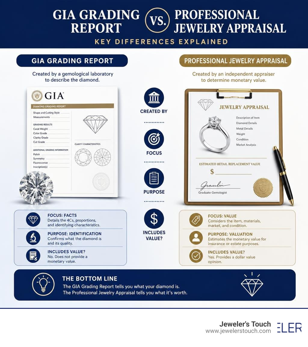 Infographic: GIA grading report vs. professional jewelry appraisal differences explained infographic