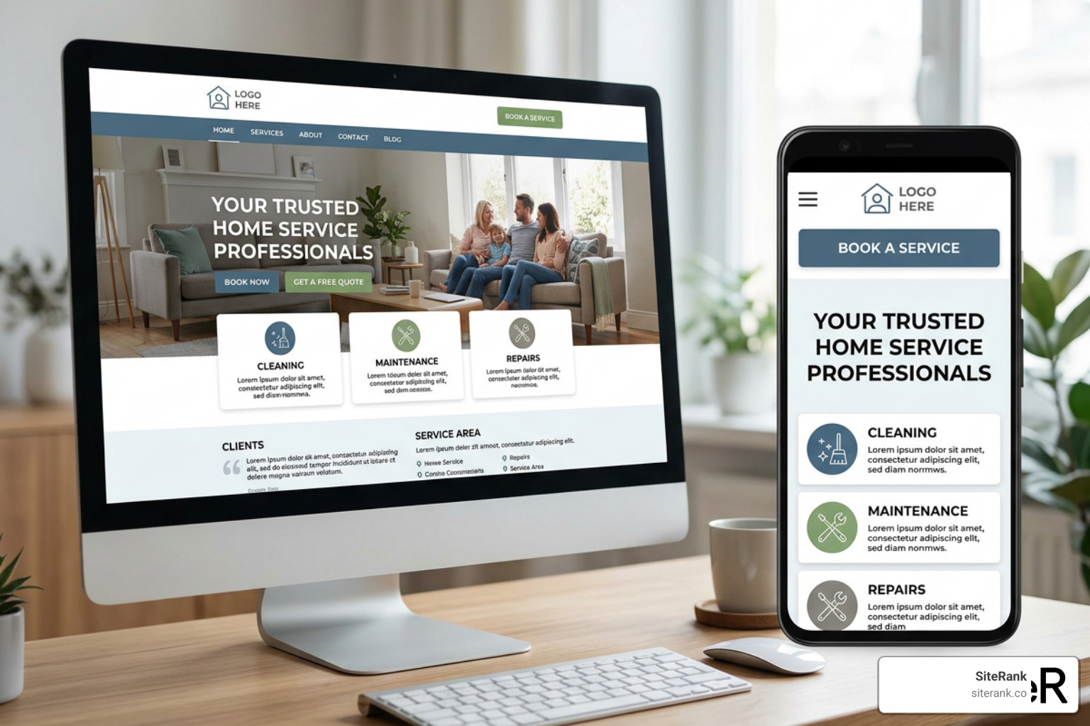 Highly optimized home service website layout on desktop and mobile Highly optimized home service website layout on desktop and mobile