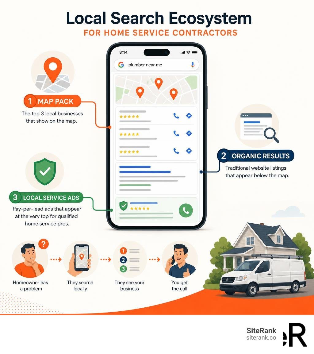 Local search ecosystem for home service contractors showing Map Pack, organic results, and Local Service Ads infographic Local search ecosystem for home service contractors showing Map Pack, organic results, and Local Service Ads infographic