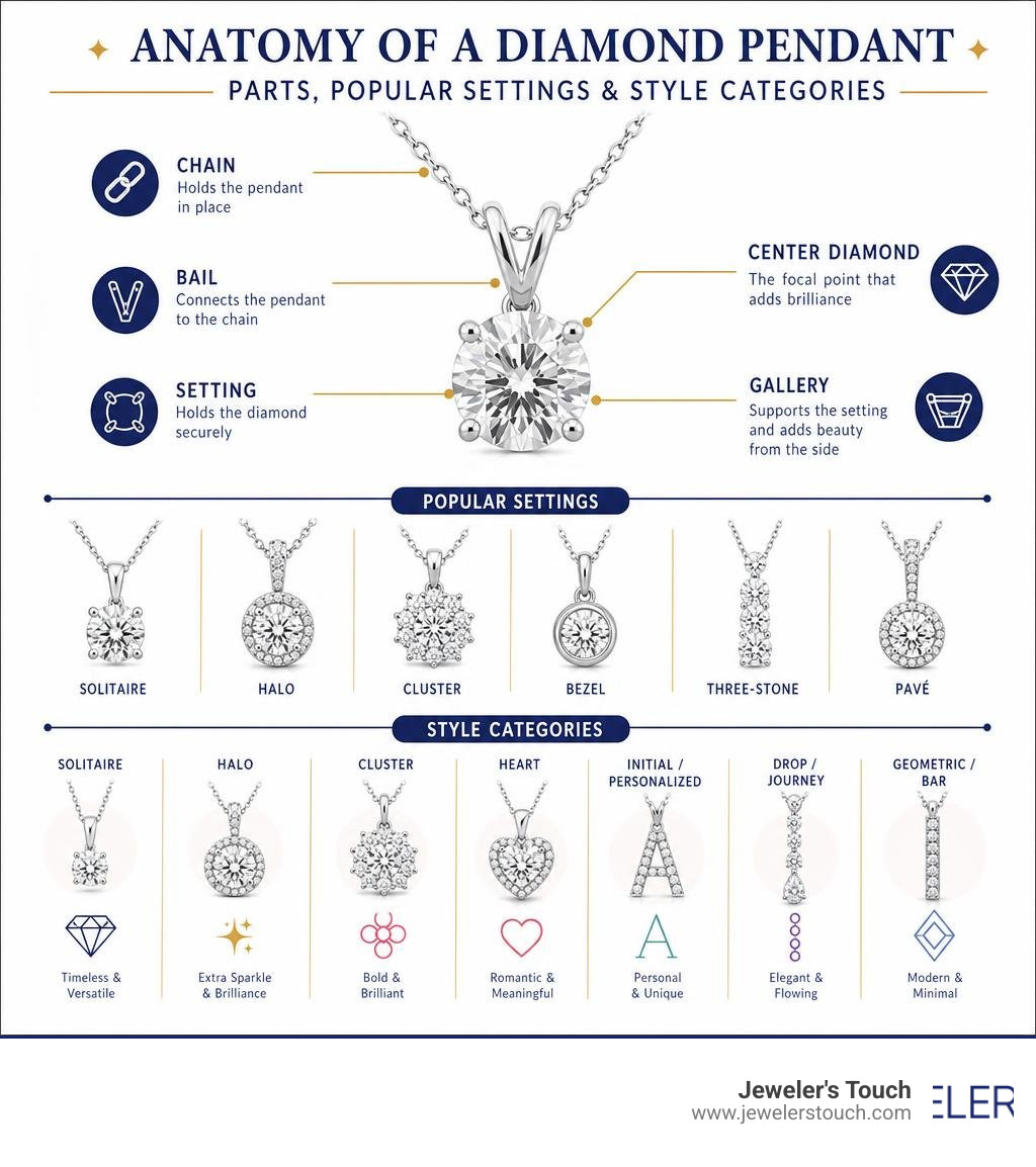 Anatomy of a diamond pendant: parts, popular settings, and style categories infographic infographic Anatomy of a diamond pendant: parts, popular settings, and style categories infographic infographic