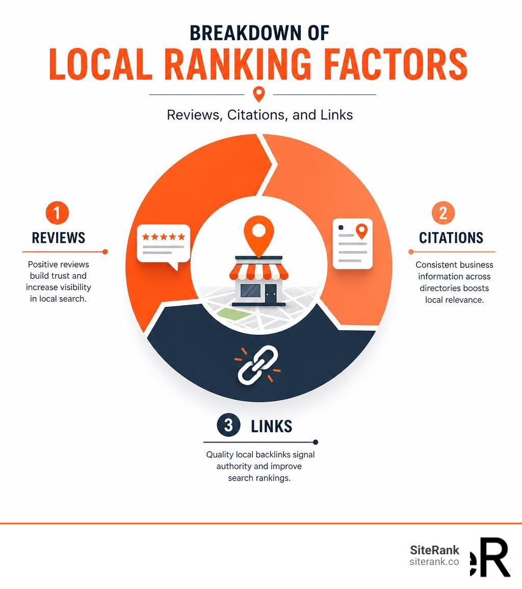 Breakdown of local ranking factors including reviews, citations, and links infographic Breakdown of local ranking factors including reviews, citations, and links infographic