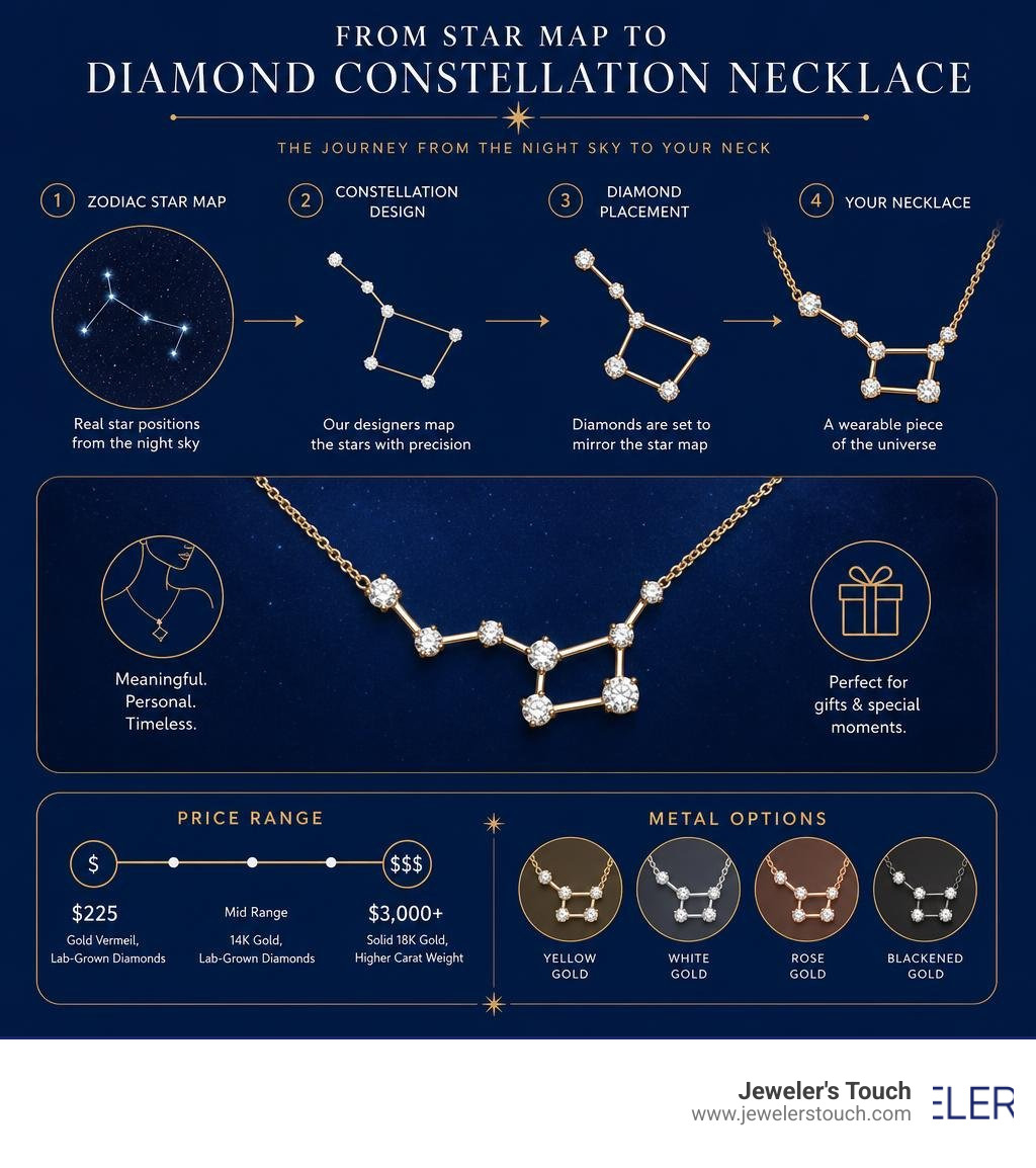 Infographic showing how zodiac star maps are translated into diamond constellation necklace designs, with price ranges and Infographic showing how zodiac star maps are translated into diamond constellation necklace designs, with price ranges and
