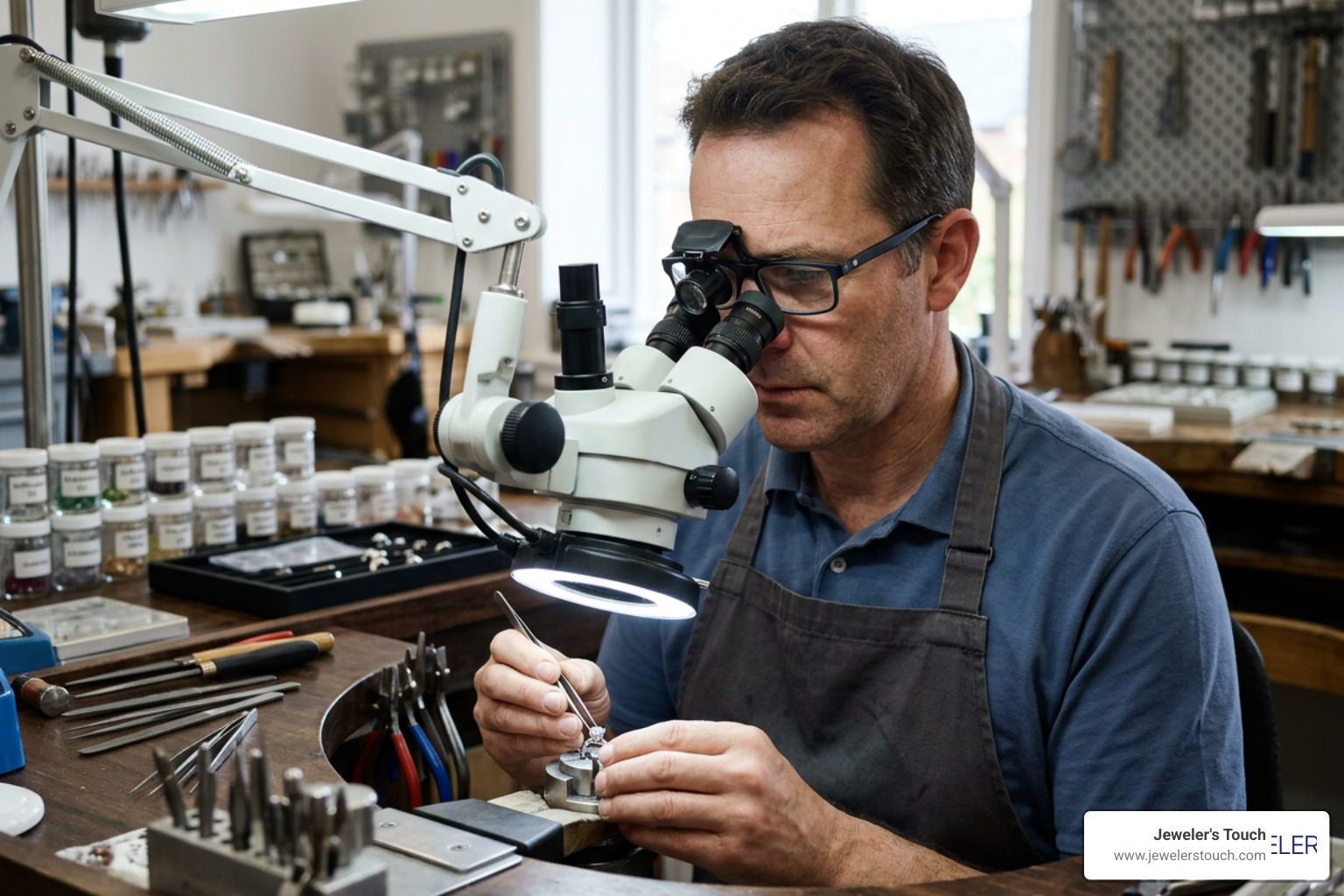 Jeweler carefully setting a diamond under a microscope Jeweler carefully setting a diamond under a microscope