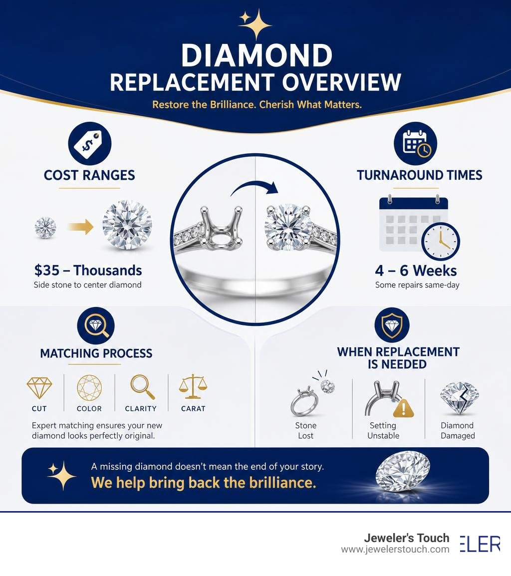 Infographic showing diamond replacement overview: cost ranges, turnaround times, matching process, and when replacement is Infographic showing diamond replacement overview: cost ranges, turnaround times, matching process, and when replacement is