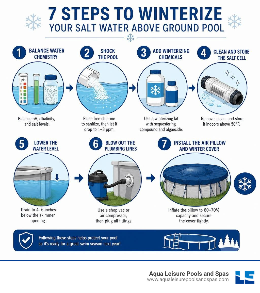Step-by-step overview of the above ground saltwater pool winterization process infographic