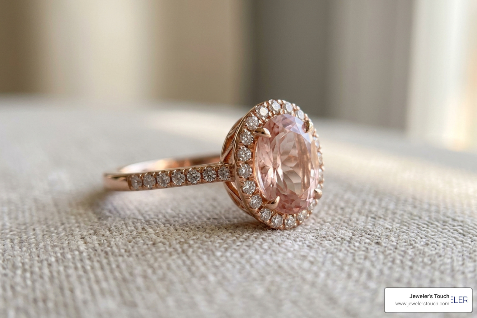 A custom rose gold engagement ring featuring a brilliant oval morganite center stone surrounded by a delicate diamond halo A custom rose gold engagement ring featuring a brilliant oval morganite center stone surrounded by a delicate diamond halo