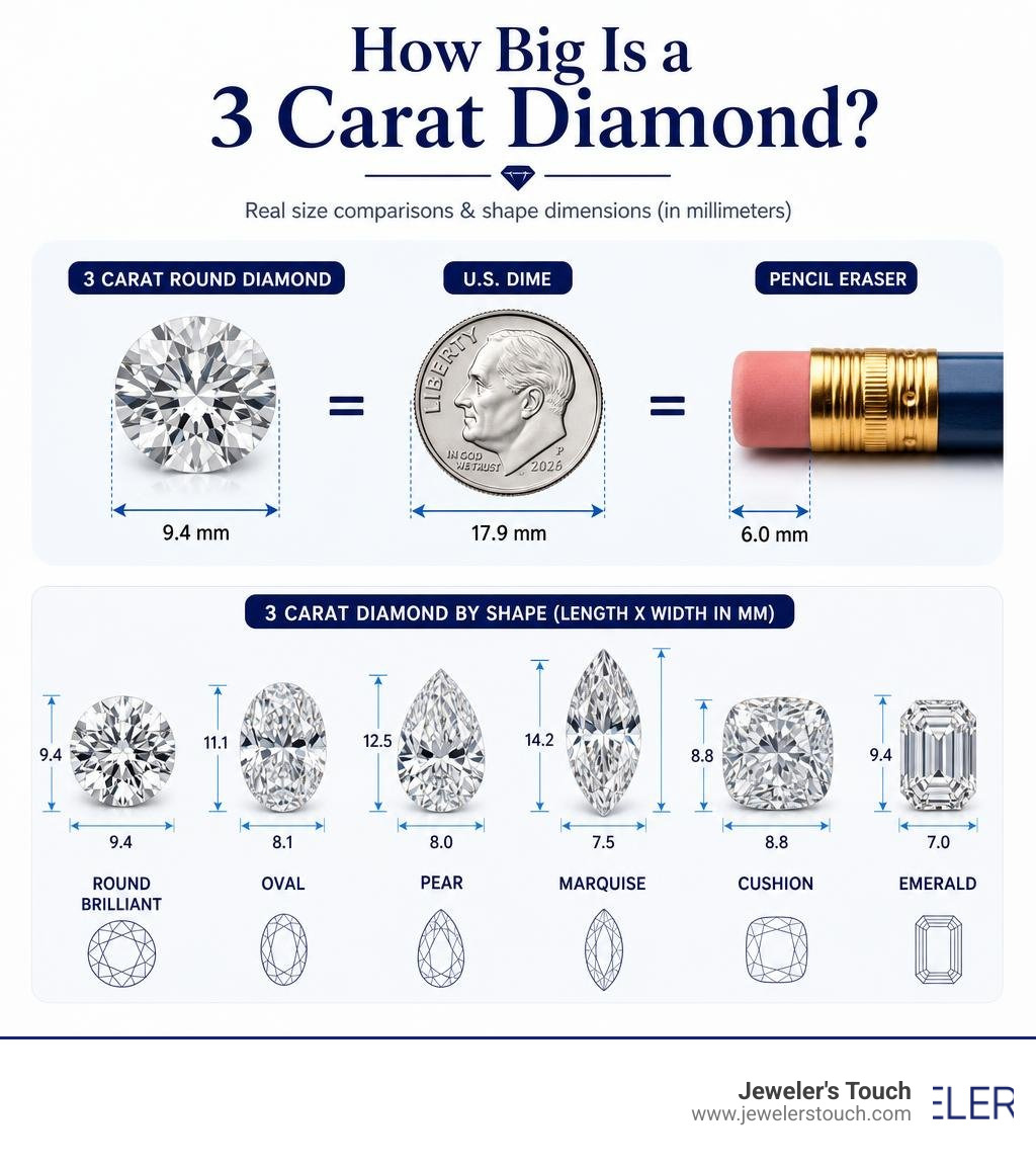 Infographic showing 3 carat diamond size compared to a dime, pencil eraser, and across different shapes in millimeters Infographic showing 3 carat diamond size compared to a dime, pencil eraser, and across different shapes in millimeters