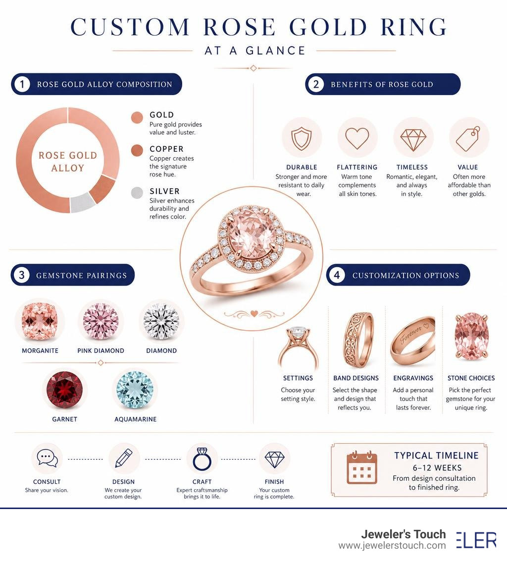 Infographic showing rose gold alloy composition, benefits, gemstone pairings, and customization options infographic Infographic showing rose gold alloy composition, benefits, gemstone pairings, and customization options infographic