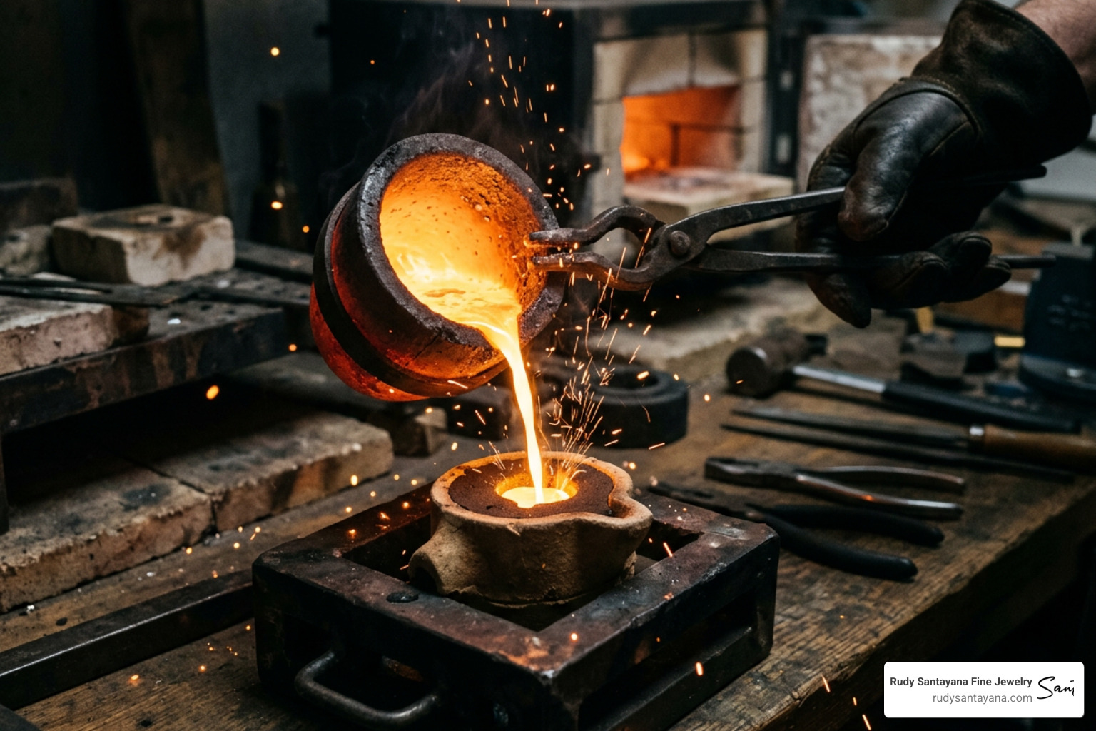 molten gold being poured into a casting mold molten gold being poured into a casting mold