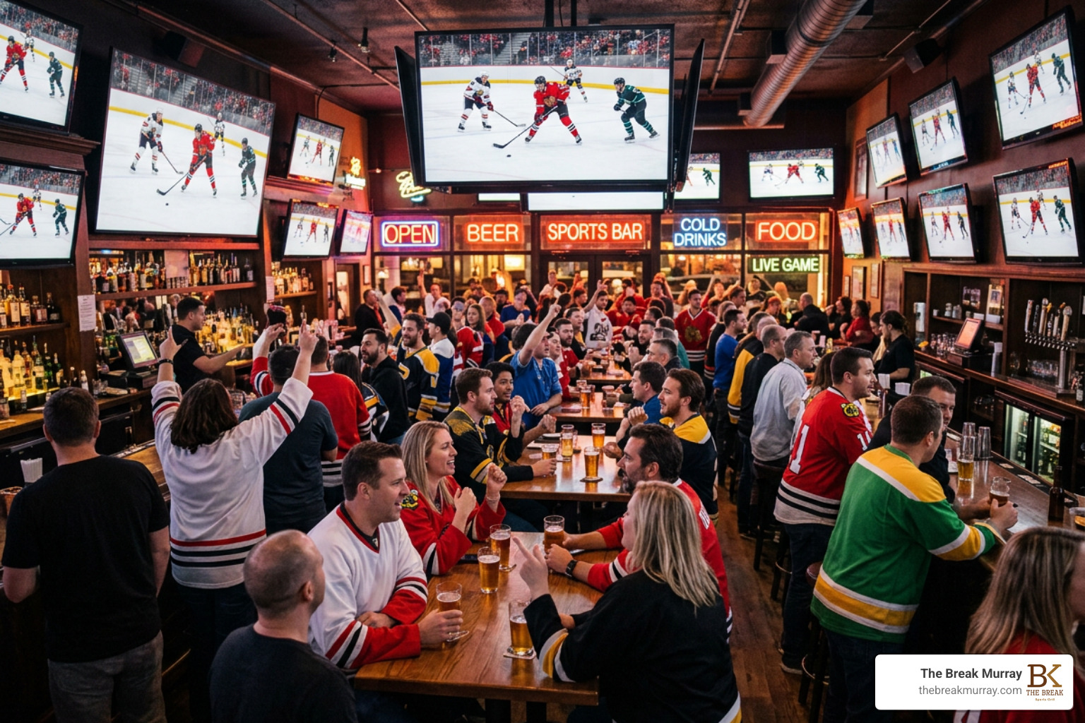 Wall-to-wall 4K screens showing a live hockey game in a packed sports bar