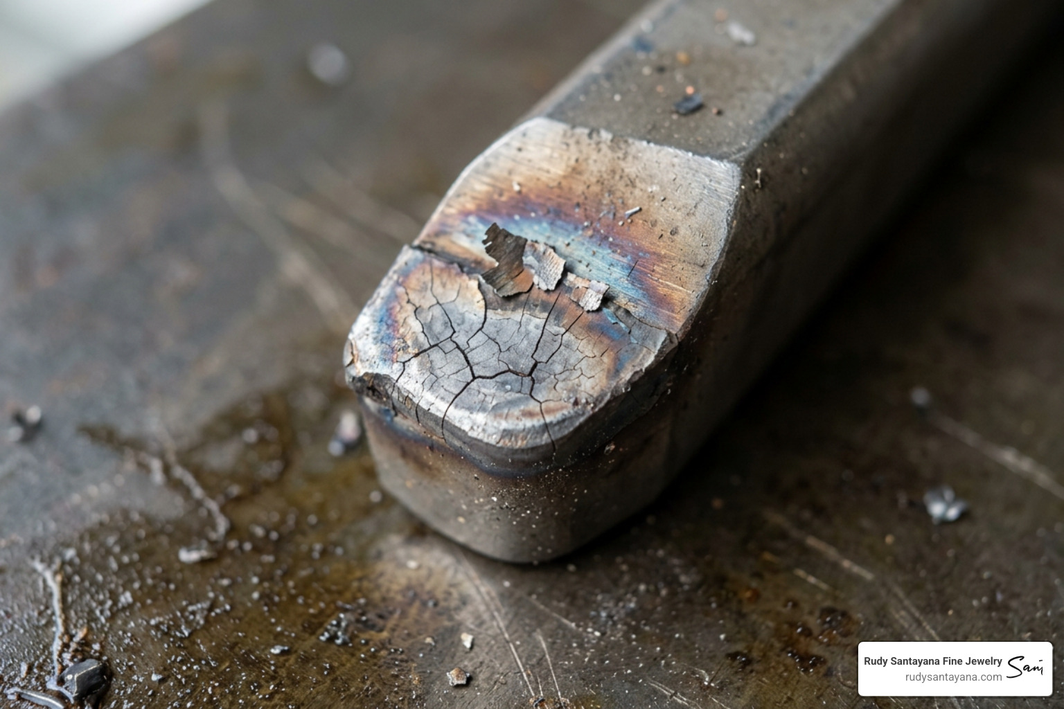 Worn industrial cutting tool showing thermal degradation and microcracking Worn industrial cutting tool showing thermal degradation and microcracking