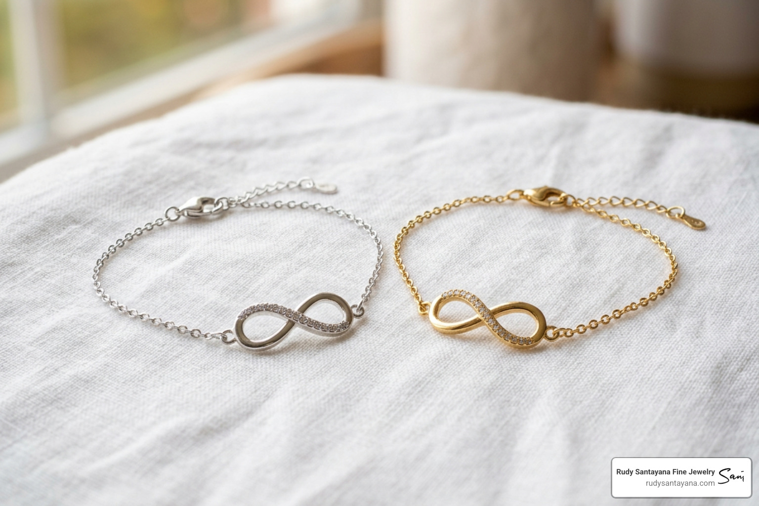 Custom infinity bracelets in sterling silver and gold Custom infinity bracelets in sterling silver and gold