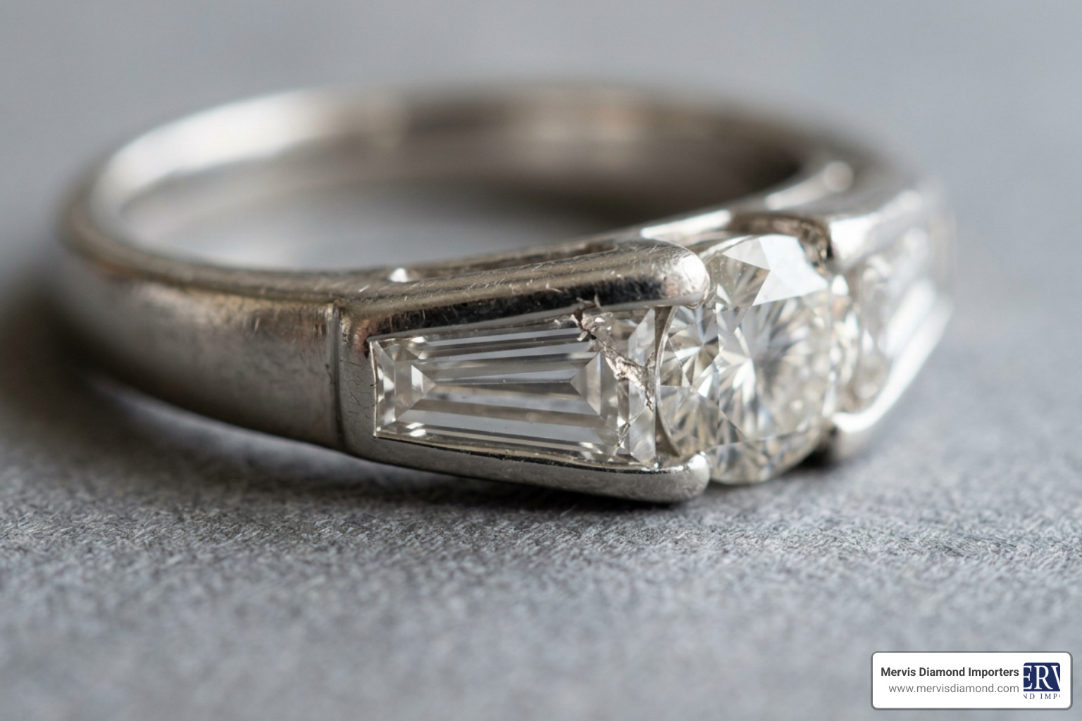 A close-up of a chipped baguette side stone in a platinum channel setting A close-up of a chipped baguette side stone in a platinum channel setting