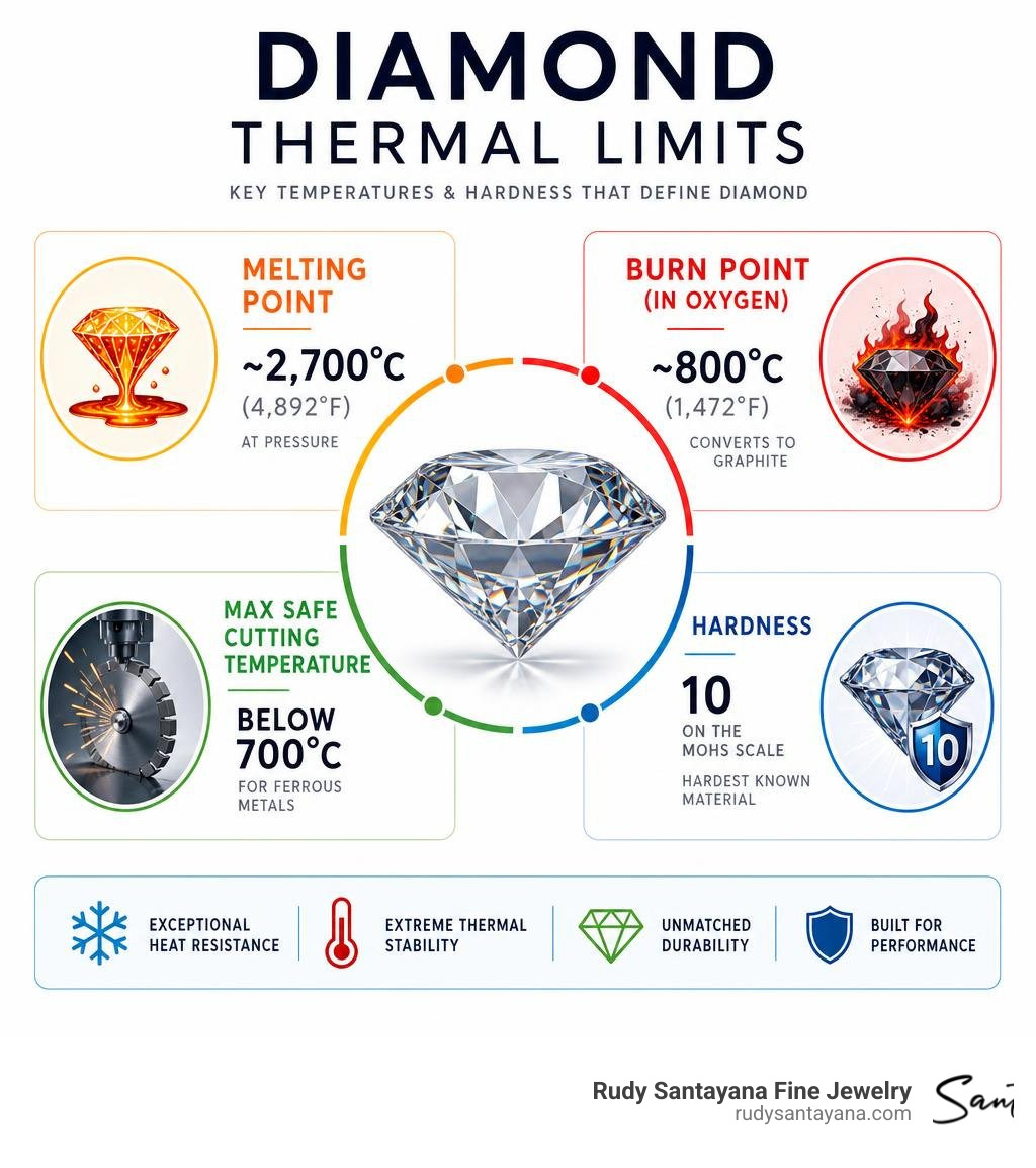 Diamond thermal limits infographic: melting point, burn point, max cutting temperature, hardness infographic Diamond thermal limits infographic: melting point, burn point, max cutting temperature, hardness infographic
