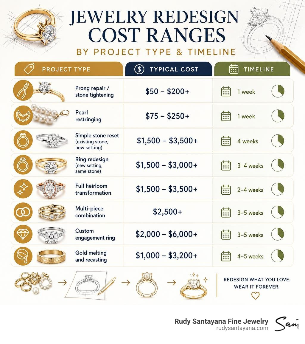 infographic showing jewelry redesign cost ranges by project type with timelines infographic infographic showing jewelry redesign cost ranges by project type with timelines infographic